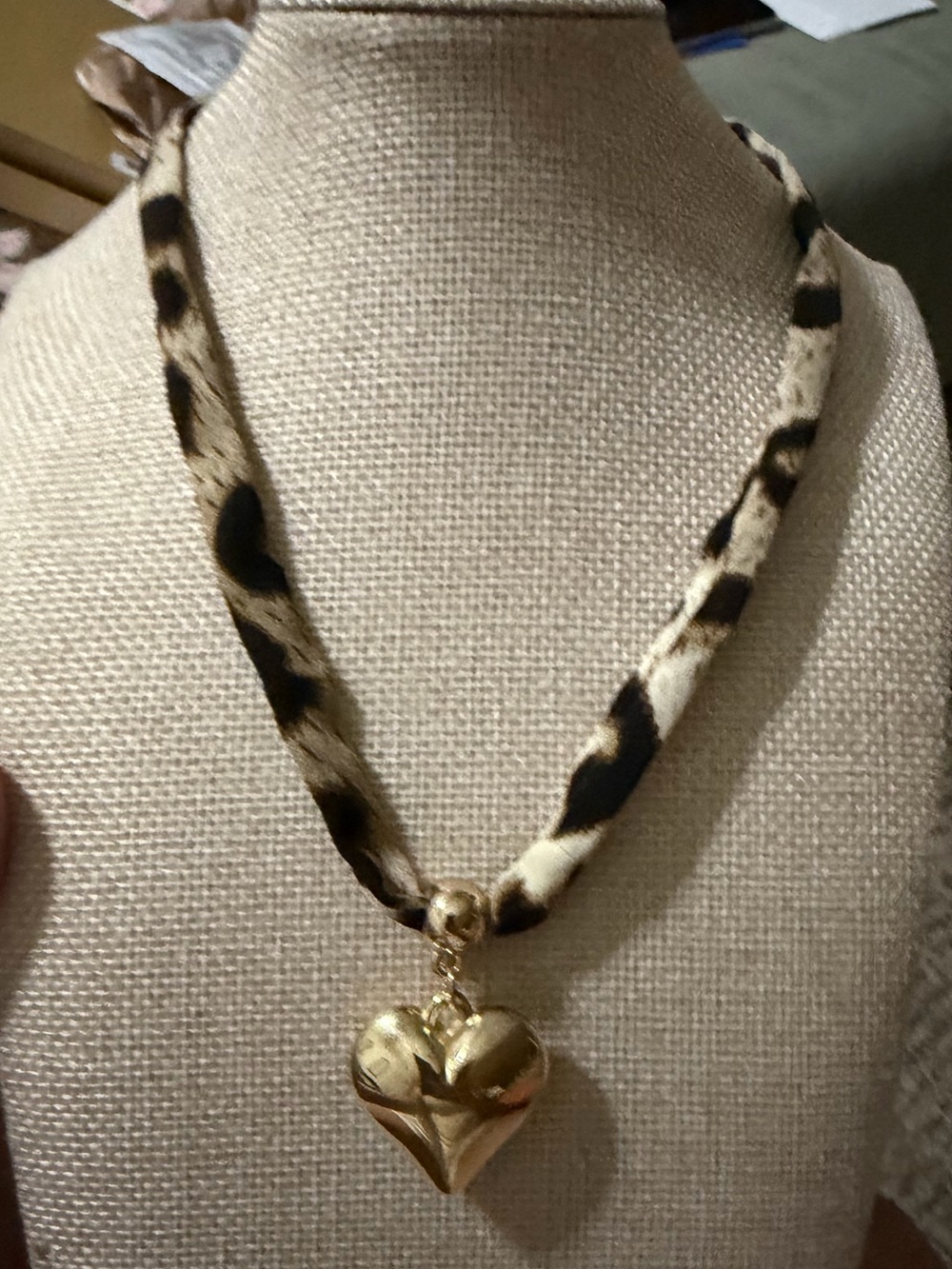 Gold Heart Pendant Necklace with Leopard Cord
